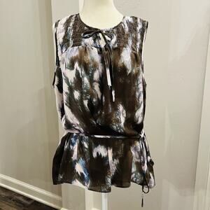 Simply Vera Vera Wang Size XL Brown Multi Color Smock Tie Neckline Blouse